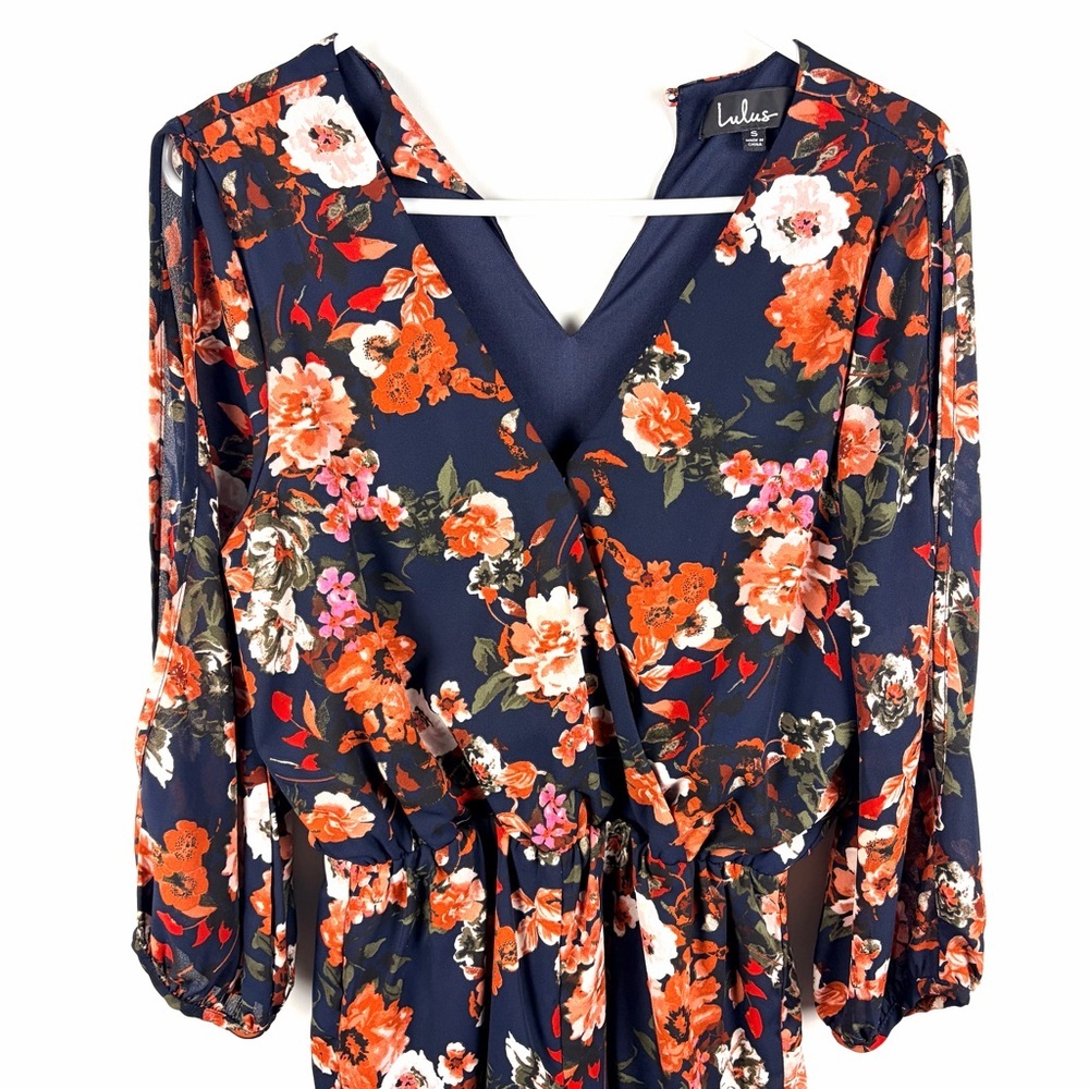 Lulus Floral Romper Dress Overlay Split Sleeve Boho Skort Navy Small - Picture 10 of 16